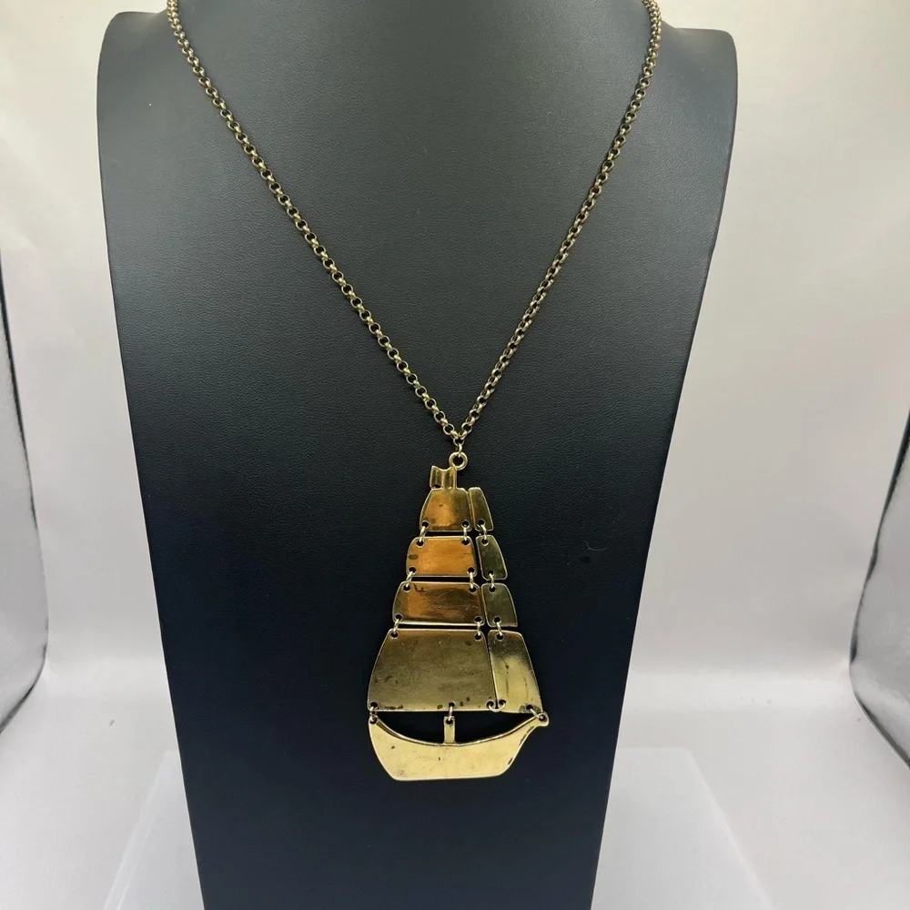 Nautical Ship Boat Brass Pendant  Necklace Oversized Articulated Ship - Picture 5 of 15